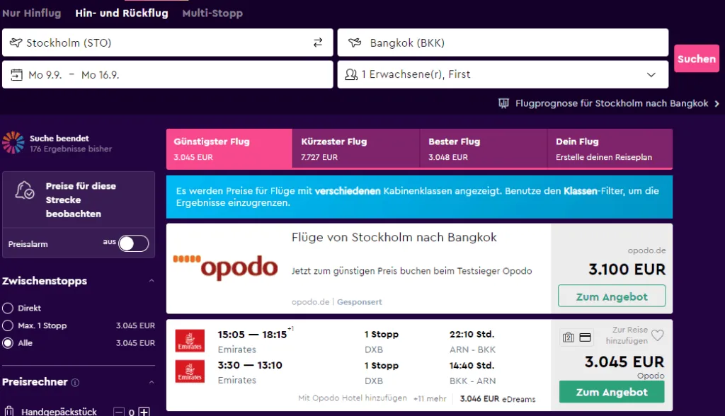 Emirates First Class Stockholm Bangkok