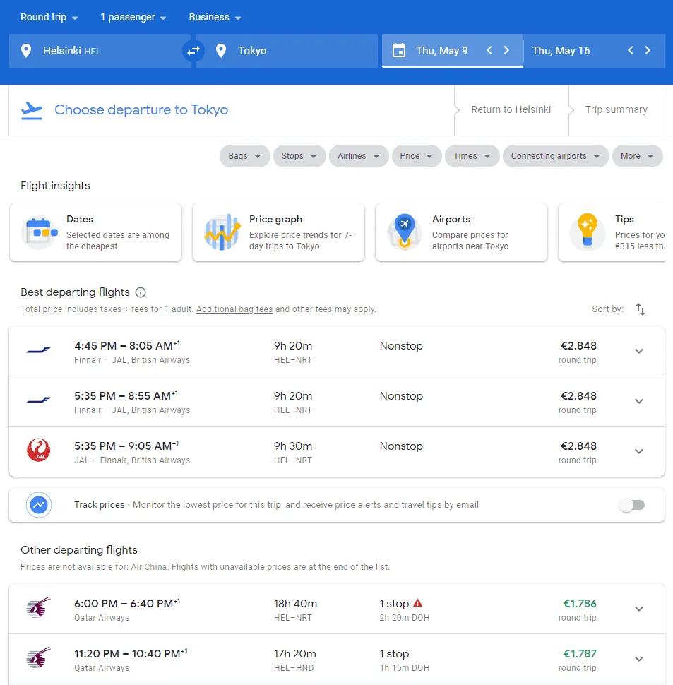 Qatar Business Class From Helsinki To Tokyo