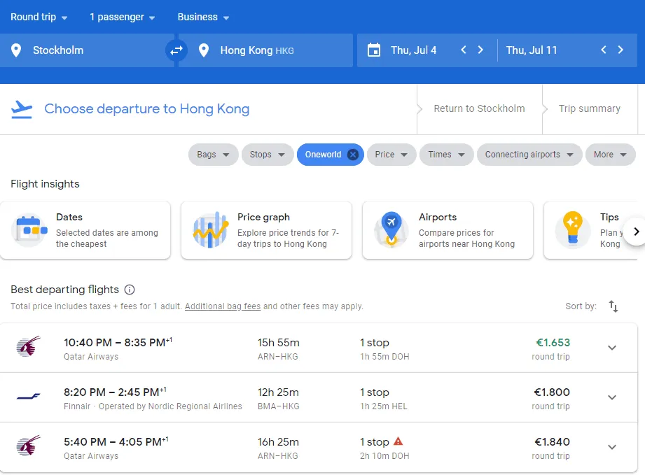 Qatar Business Class From Stockholm To Hong Kong