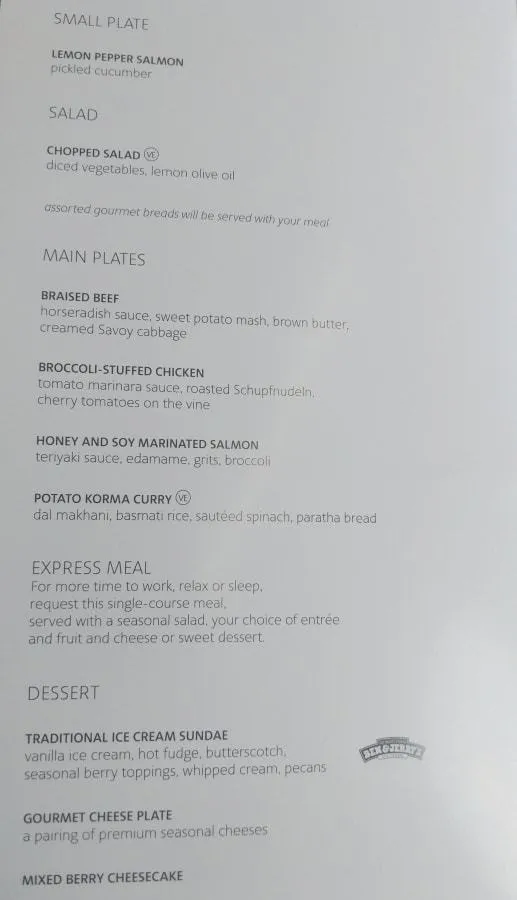 American Airlines 777-200 Business Class dinner menu
