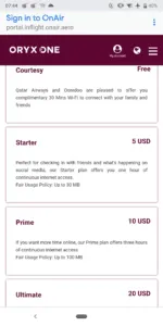 Qatar Airways Oryx One Internet Prices