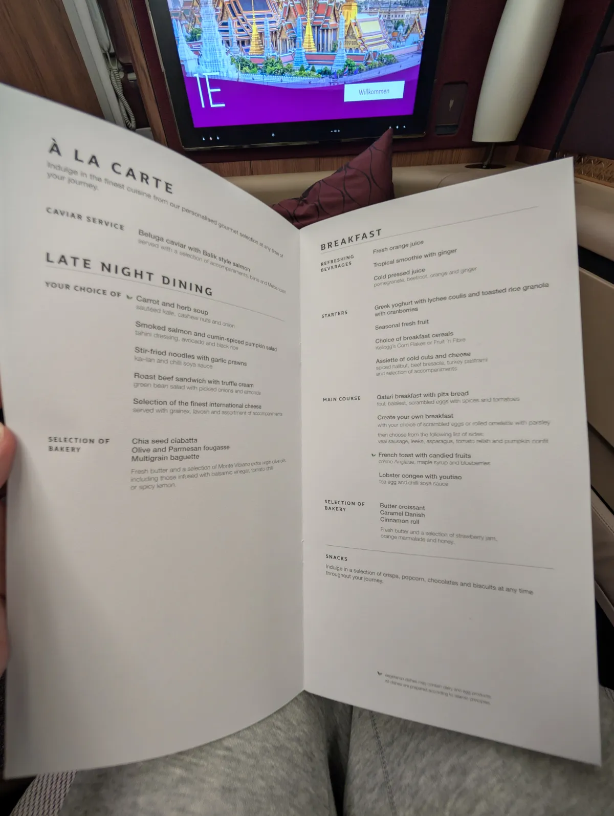 Qatar Airways First Class à la carte dining and breakfast menu