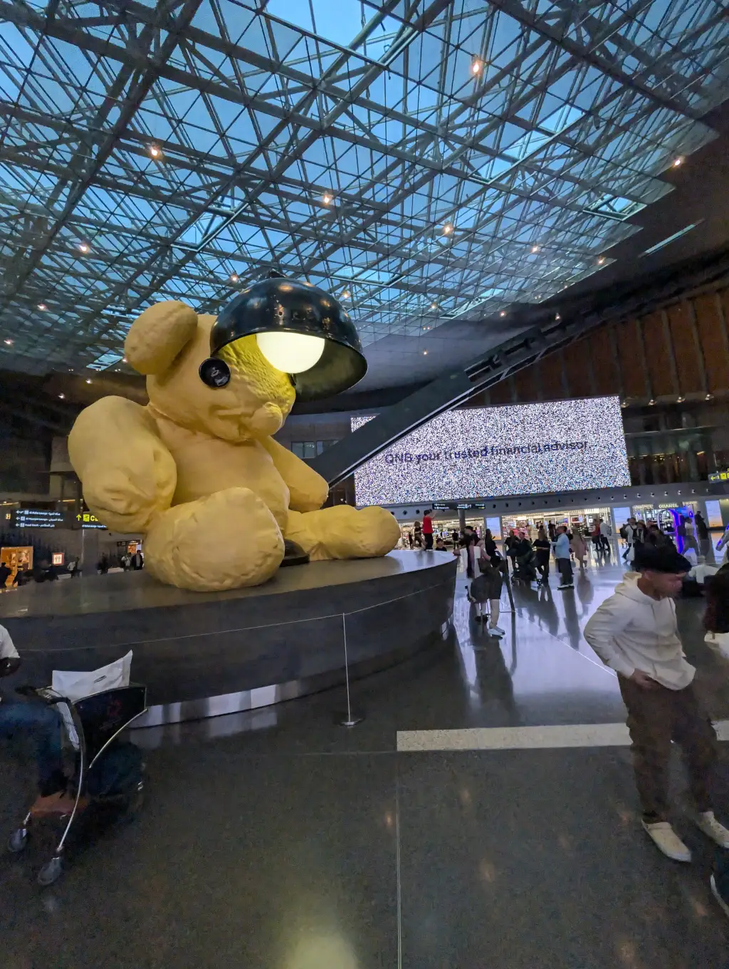 Giant teddy bear art installation at Doha Hamad International Airport
